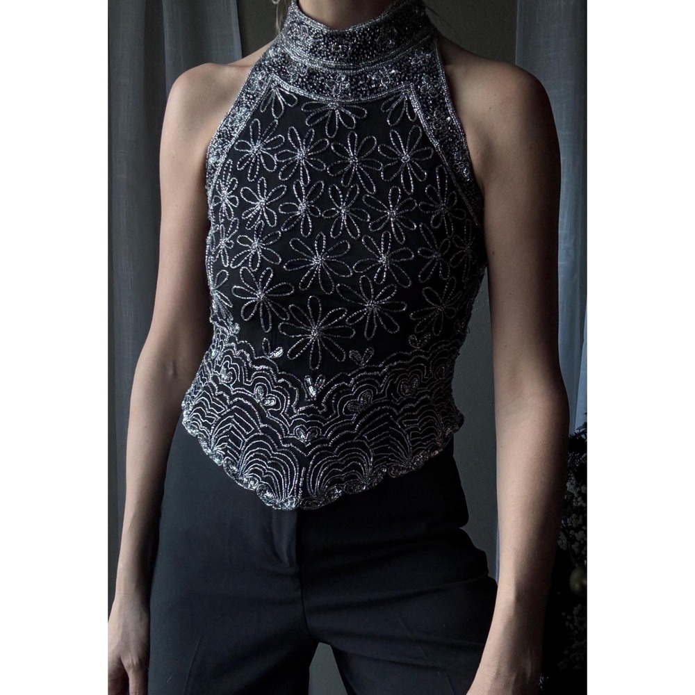 Vintage 90s Adrianna Papell Boutique Evening 100% Silk Beaded Sequin Halter Top